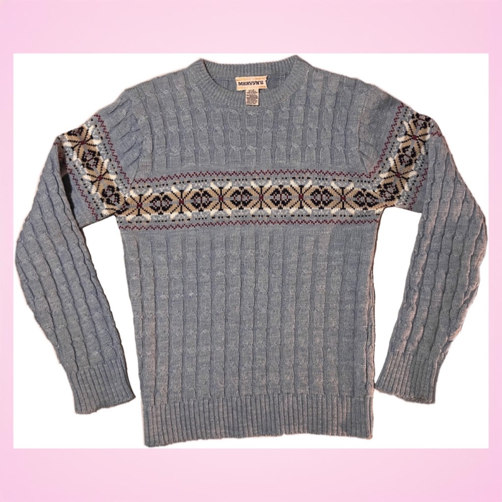 Vintage Mervyn’s Blue Multi Colored Patterned Crewneck Sweater
